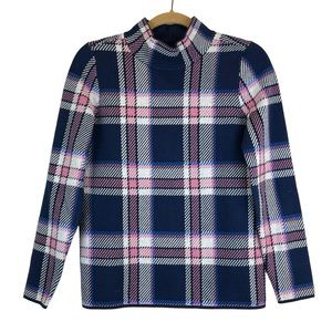 NWT Lands' End Plaid Mock Neck Navy Pink White Cotton Blend Sweater NEW Sz XS